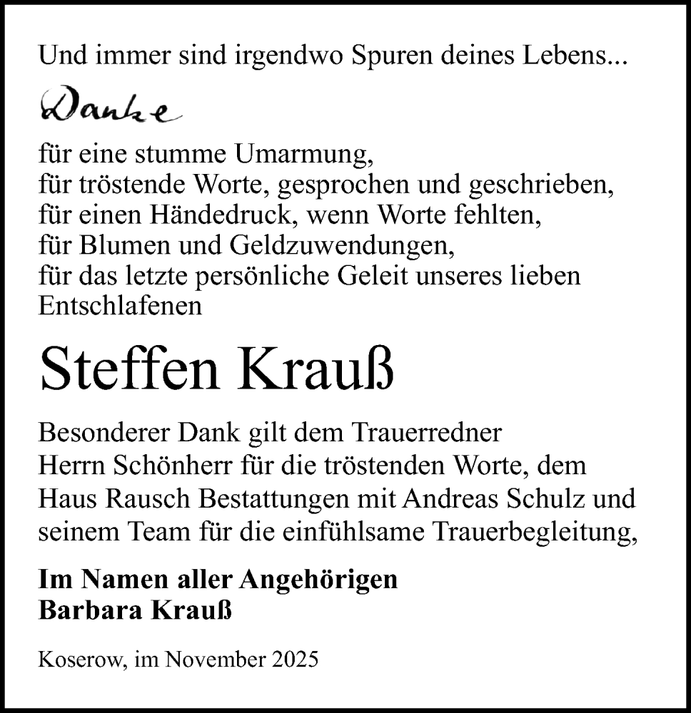  Traueranzeige für Steffen Krauß vom 08.11.2025 aus Ostsee-Zeitung GmbH