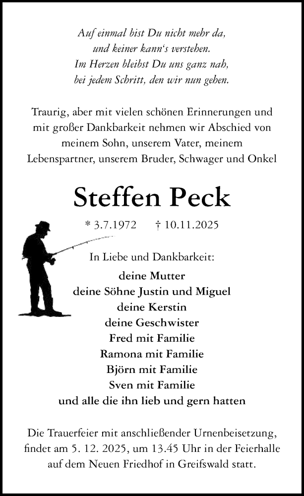  Traueranzeige für Steffen Peck vom 22.11.2025 aus Ostsee-Zeitung GmbH