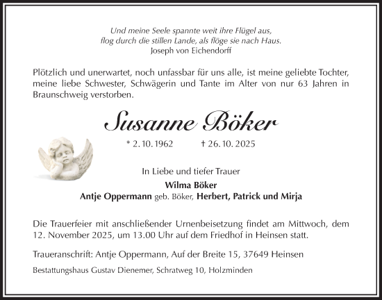Traueranzeige von Susanne Böker von Täglicher Anzeiger Holzminden