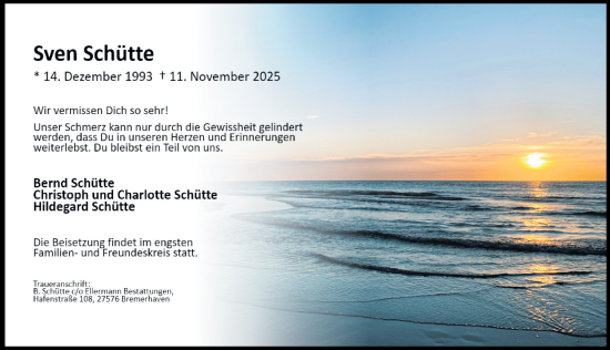 Traueranzeige von Sven Schütte von Hannoversche Allgemeine Zeitung/Neue Presse