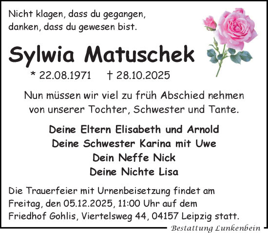 Traueranzeige von Sylwia Matuschek von Leipziger Volkszeitung