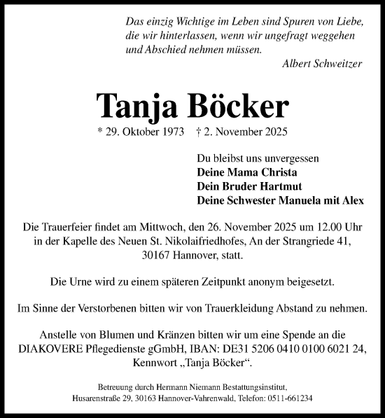 Traueranzeige von Tanja Böcker von Hannoversche Allgemeine Zeitung/Neue Presse