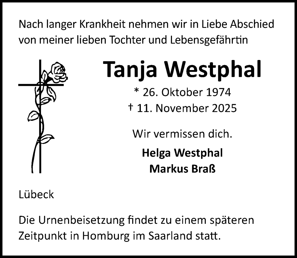  Traueranzeige für Tanja Westphal vom 16.11.2025 aus Lübecker Nachrichten