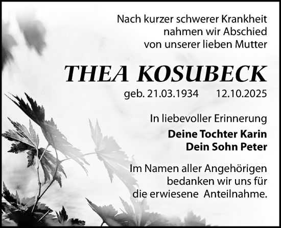 Traueranzeige von Thea Kosubeck von Leipziger Volkszeitung