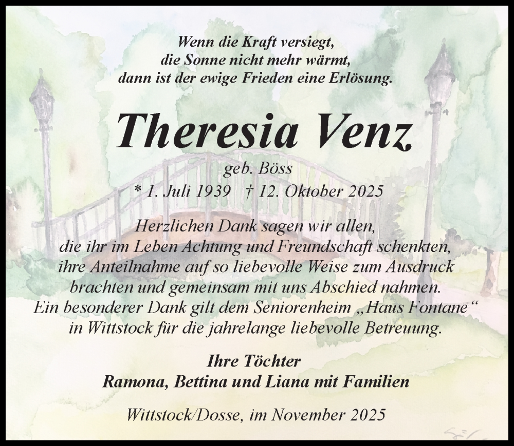  Traueranzeige für Theresia Venz vom 29.11.2025 aus Wochenspiegel