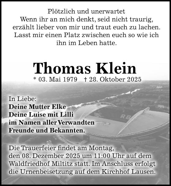 Traueranzeige von Thomas Klein von Leipziger Volkszeitung