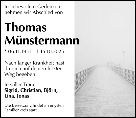 Traueranzeige von Thomas Münstermann von Lübecker Nachrichten