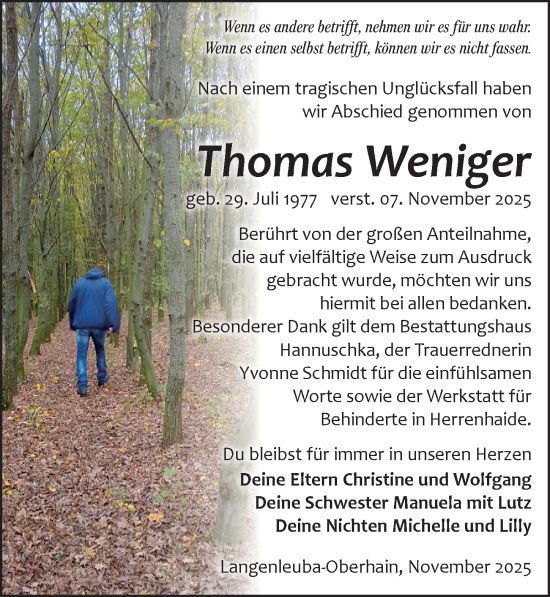 Traueranzeige von Thomas Weniger von Leipziger Volkszeitung