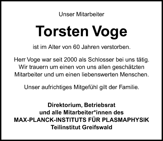 Traueranzeige von Torsten Voge von Ostsee-Zeitung GmbH