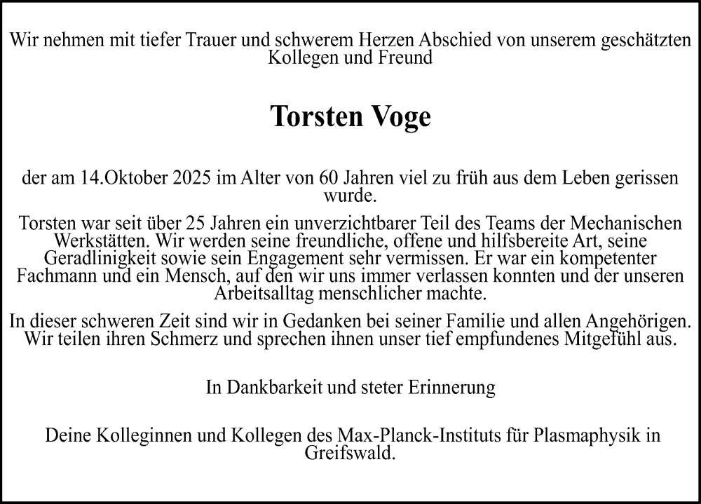  Traueranzeige für Torsten Voge vom 15.11.2025 aus Ostsee-Zeitung GmbH