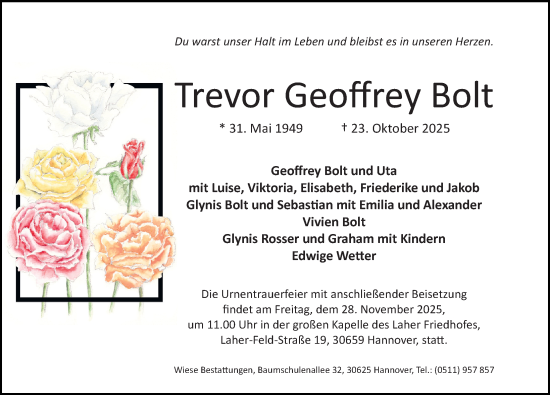 Traueranzeige von Trevor Geoffrey Bolt von Hannoversche Allgemeine Zeitung/Neue Presse