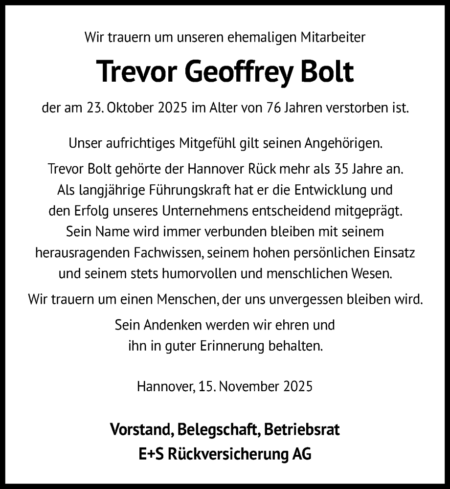  Traueranzeige für Trevor Geoffrey Bolt vom 15.11.2025 aus Hannoversche Allgemeine Zeitung/Neue Presse