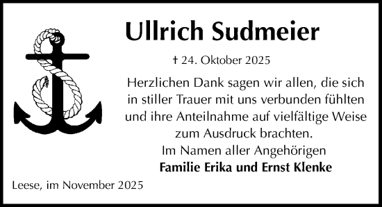 Traueranzeige von Ullrich Sudmeier von Die Harke