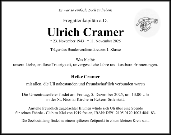 Traueranzeige von Ulrich Cramer von Kieler Nachrichten