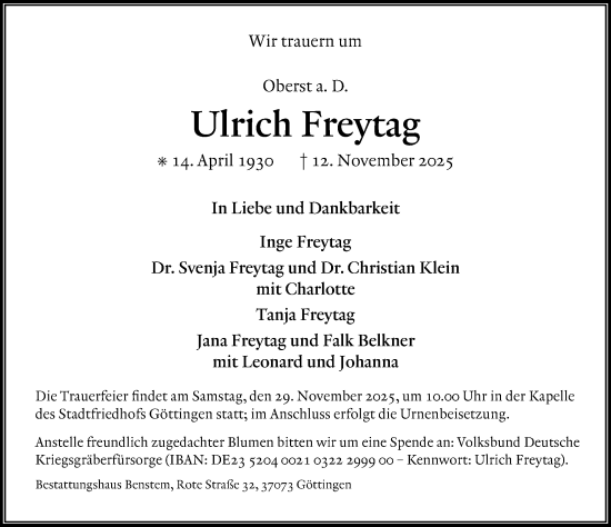 Traueranzeige von Ulrich Freytag von Göttinger Tageblatt