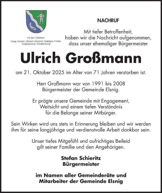 Traueranzeige von Ulrich Großmann von Torgauer Zeitung