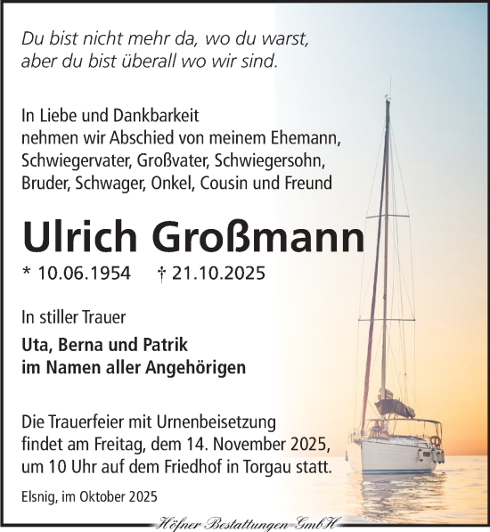 Traueranzeige von Ulrich Großmann von Torgauer Zeitung