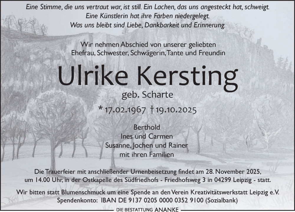  Traueranzeige für Ulrike Kersting vom 08.11.2025 aus Leipziger Volkszeitung
