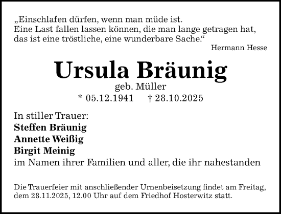 Traueranzeige von Ursula Bräunig von Sächsische Zeitung