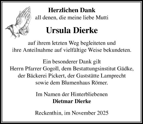 Traueranzeige von Ursula Dierke von Wochenspiegel