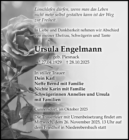 Traueranzeige von Ursula Engelmann von Sächsische Zeitung