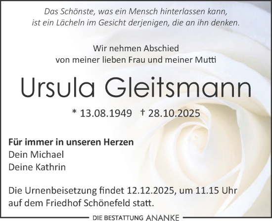 Traueranzeige von Ursula Gleitsmann von Leipziger Volkszeitung