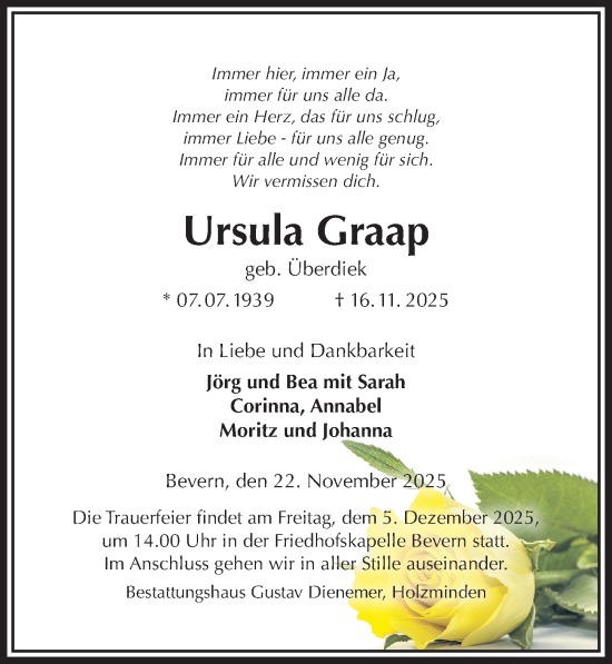 Traueranzeige von Ursula Graap von Täglicher Anzeiger Holzminden