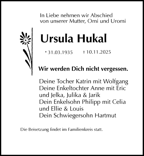 Traueranzeige von Ursula Hukal von Ostsee-Zeitung GmbH