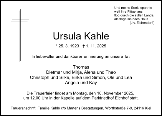 Traueranzeige von Ursula Kahle von Kieler Nachrichten