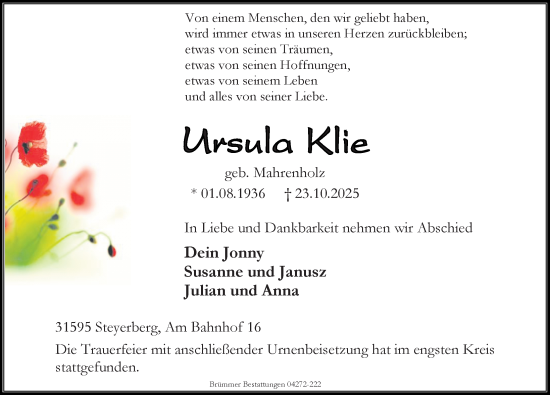 Traueranzeige von Ursula Klie von Die Harke