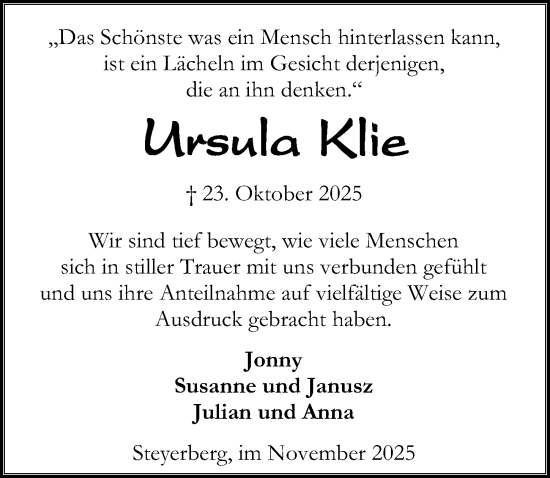 Traueranzeige von Ursula Klie von Die Harke