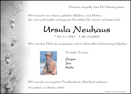 Traueranzeige von Ursula Neuhaus von Göttinger Tageblatt