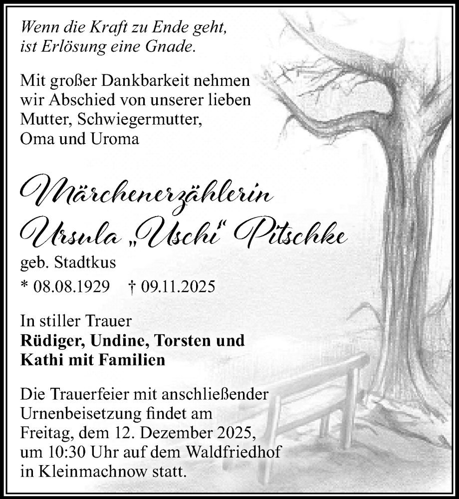  Traueranzeige für Ursula Pitschke vom 29.11.2025 aus Märkischen Allgemeine Zeitung