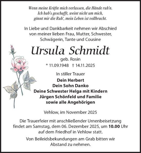 Traueranzeige von Ursula Schmidt von Wochenspiegel