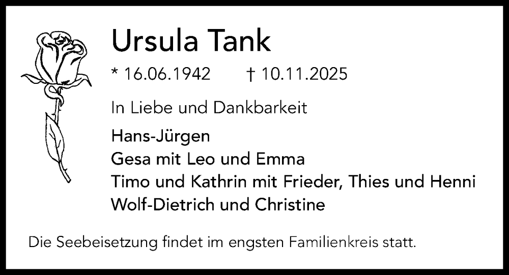  Traueranzeige für Ursula Tank vom 22.11.2025 aus Kieler Nachrichten