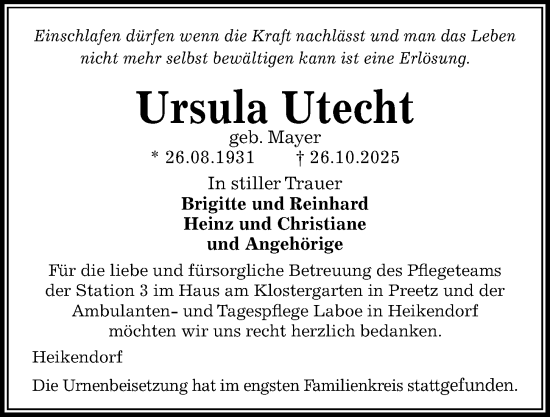 Traueranzeige von Ursula Utecht von Kieler Nachrichten