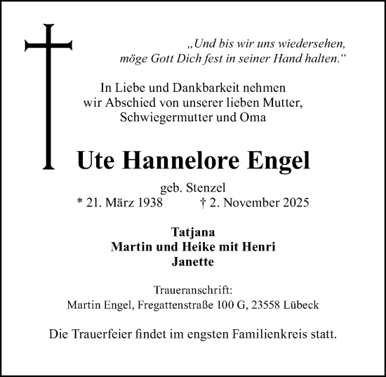 Traueranzeige von Ute Hannelore Engel von Lübecker Nachrichten