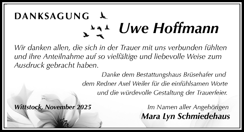  Traueranzeige für Uwe Hoffmann vom 15.11.2025 aus Märkischen Allgemeine Zeitung