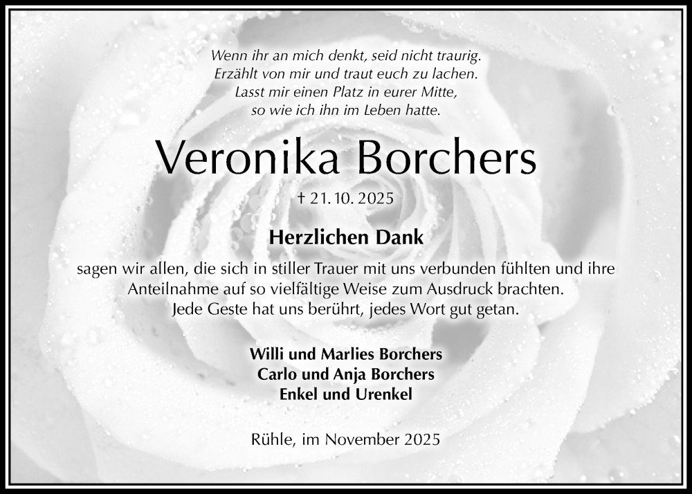  Traueranzeige für Veronika Borchers vom 22.11.2025 aus Täglicher Anzeiger Holzminden