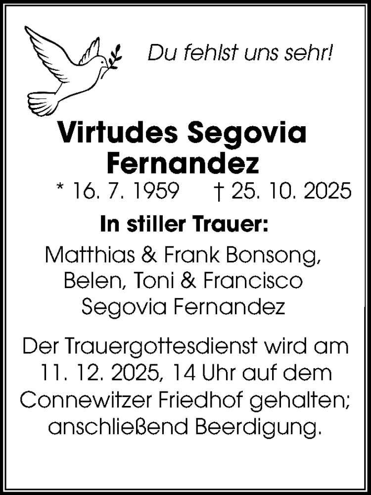  Traueranzeige für Virtudes Segovia Fernandez vom 22.11.2025 aus Leipziger Volkszeitung