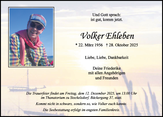 Traueranzeige von Volker Ehleben von Lübecker Nachrichten