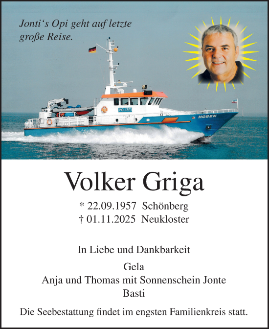 Traueranzeige von Volker Griga von Ostsee-Zeitung GmbH