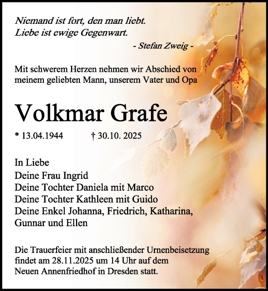 Traueranzeige von Volkmar Grafe von Sächsische Zeitung