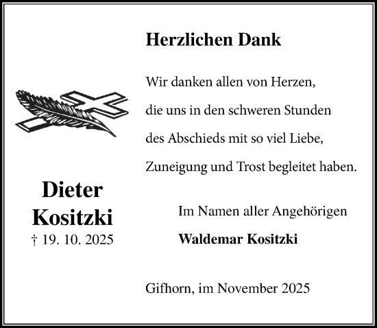 Traueranzeige von Waldemar Kositzki von Aller Zeitung