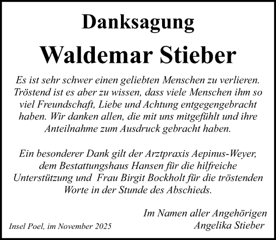Traueranzeige von Waldemar Stieber von Ostsee-Zeitung GmbH