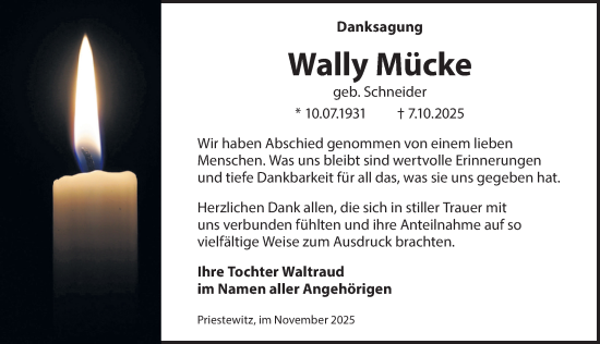 Traueranzeige von Wally Mücke von Sächsische Zeitung