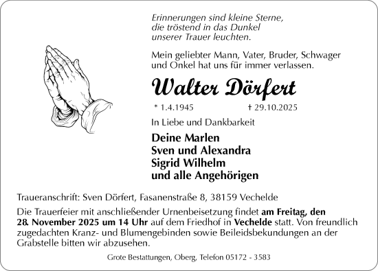 Traueranzeige von Walter Dörfert von Peiner Allgemeine Zeitung