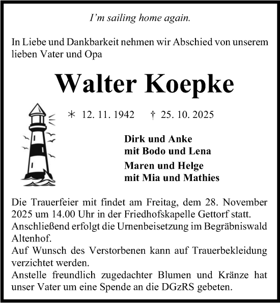 Traueranzeige von Walter Koepke von Kieler Nachrichten