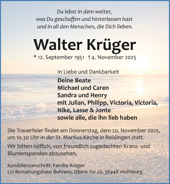 Traueranzeige von Walter Krüger von Aller Zeitung