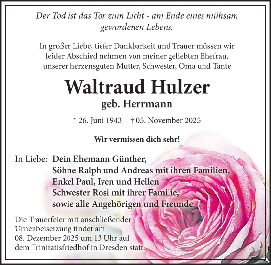 Traueranzeige von Waltraud Hulzer von Sächsische Zeitung